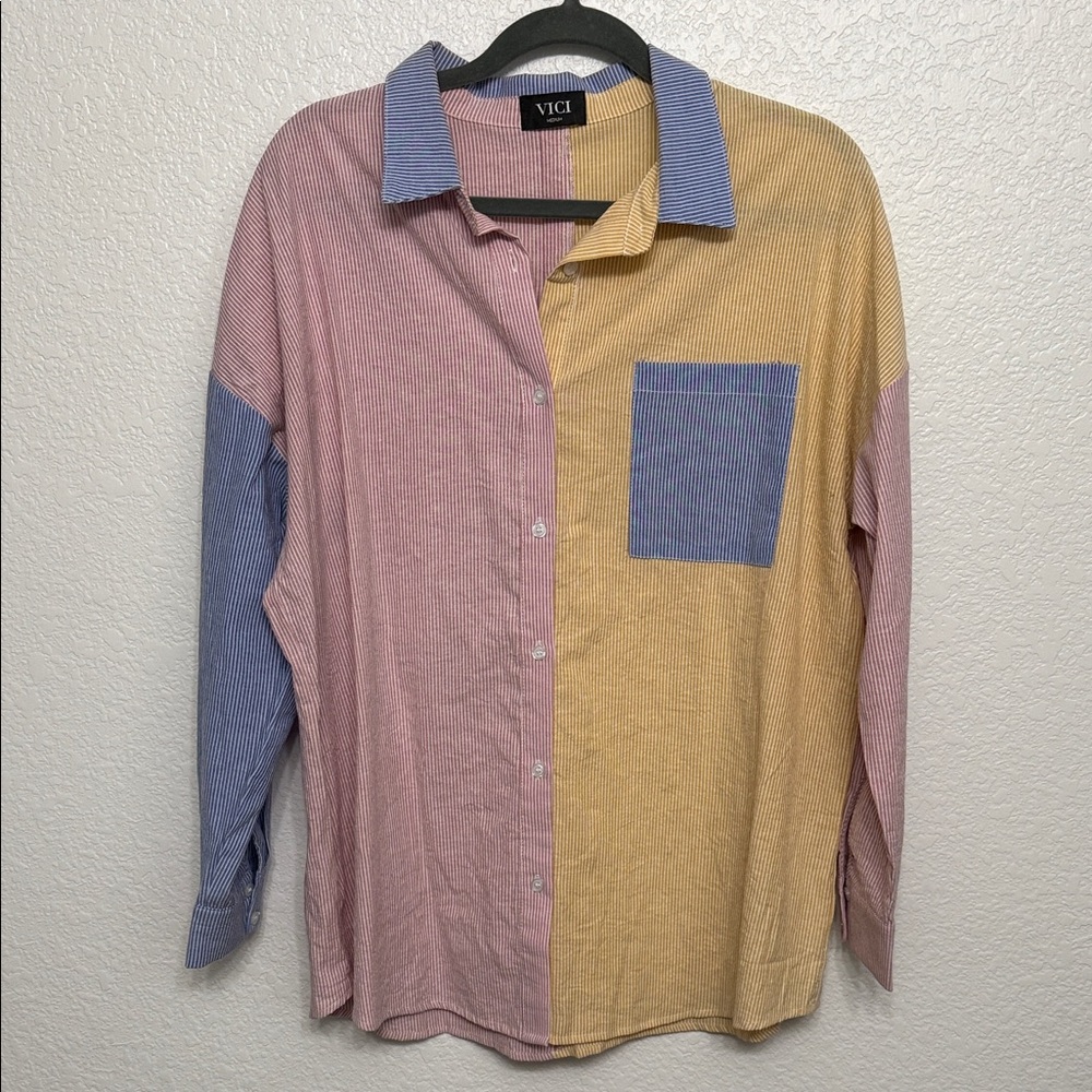 Vici Colorblock Button-Up Shirt in Pink, Yellow, and Blue